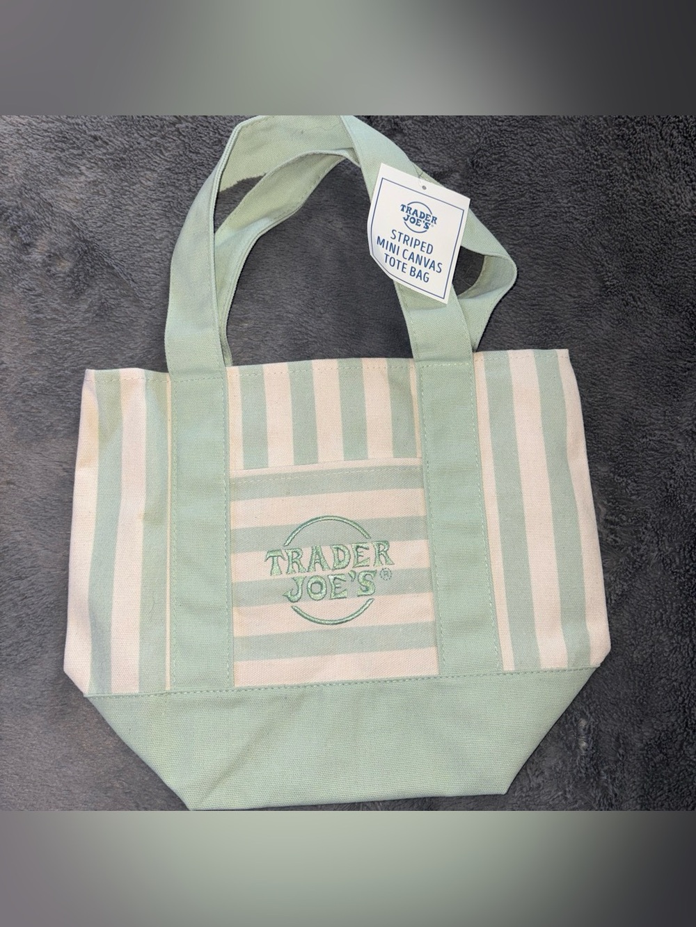 NWT Trader Joe's Mint & Cream Striped Mini Canvas Tote Bag